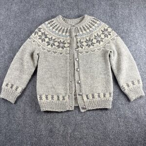 VTG Hand Knit Norwegian Wool Cardigan Sweater Ornate Pewter Buttons Grey